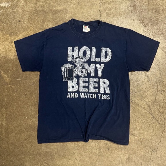 Fruit of the Loom Other - Fruit Of The Loom Mens L Navy Blue Y2K Retro Hold My Beer Graphic Tee